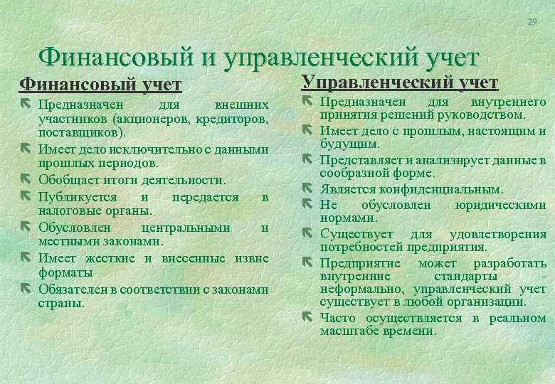 29 Финансовый и управленческий учет Финансовый учет ë Предназначен для внешних участников (акционеров, кредиторов,