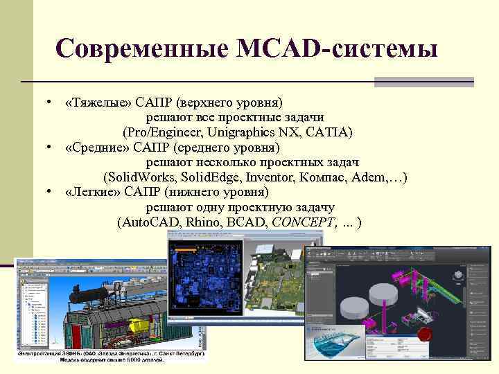 Современные MCAD системы • «Тяжелые» САПР (верхнего уровня) решают все проектные задачи (Pro/Engineer, Unigraphics