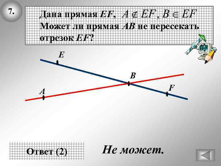 7. Дана прямая EF, Может ли прямая АВ не пересекать отрезок EF? Е В