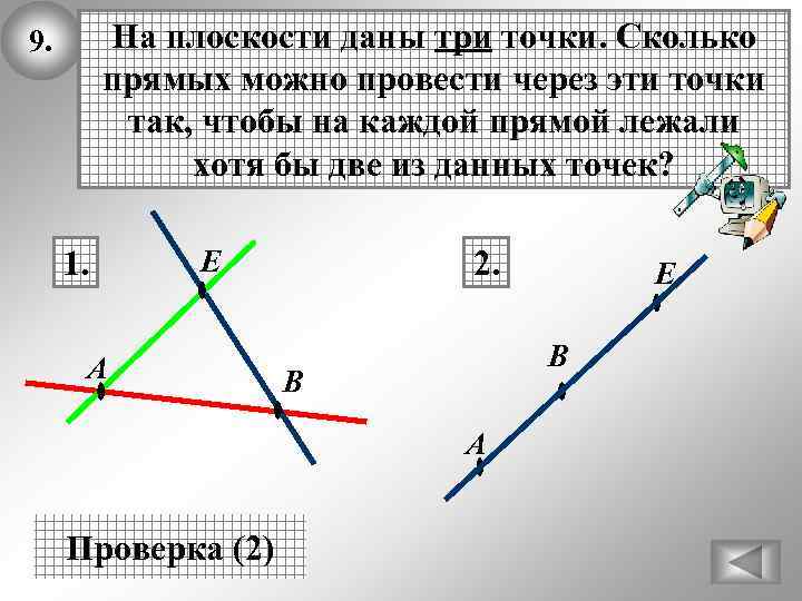 На плоскости даны три точки. Сколько прямых можно провести через эти точки так, чтобы