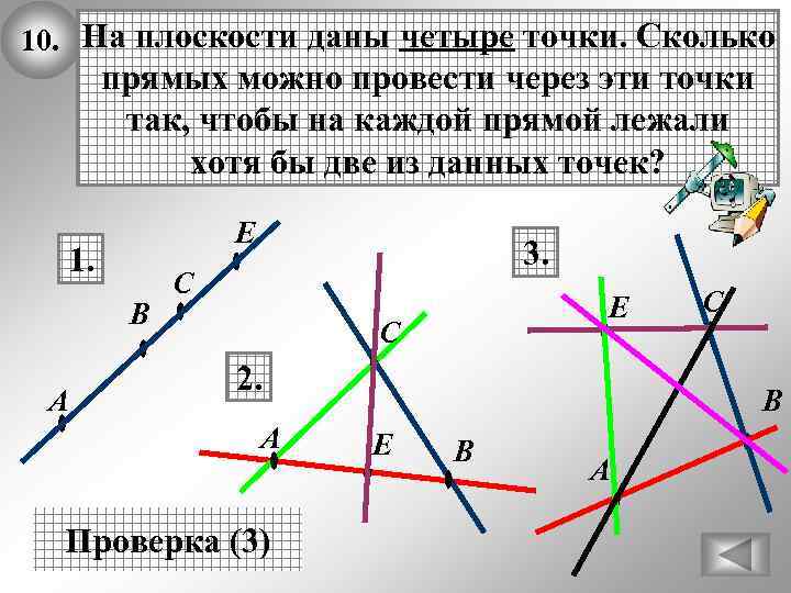 10. На плоскости даны четыре точки. Сколько прямых можно провести через эти точки так,