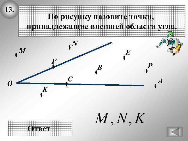 13. По рисунку назовите точки, принадлежащие внешней области угла. N М E F О