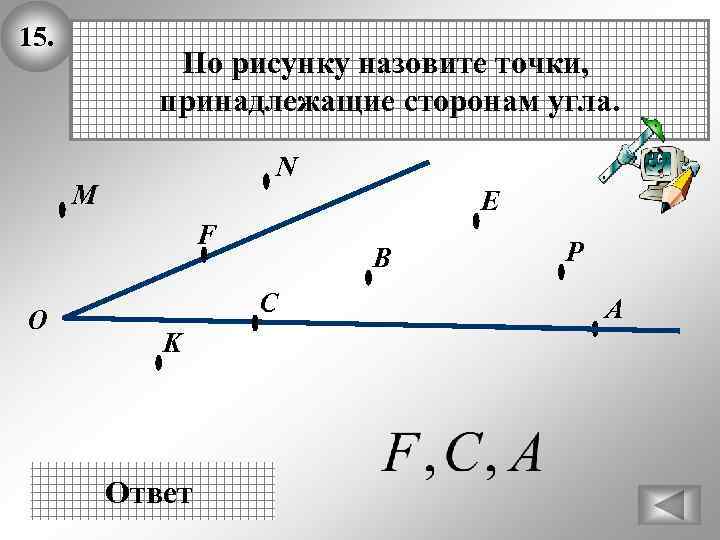 15. По рисунку назовите точки, принадлежащие сторонам угла. N М E F О В