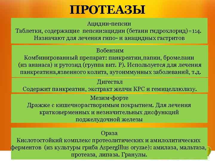 ПРОТЕАЗЫ Ацидин-пепсин Таблетки, содержащие пепсин: ацидин (бетаин гидрохлорид)=1: 4. Назначают для лечения гипо- и