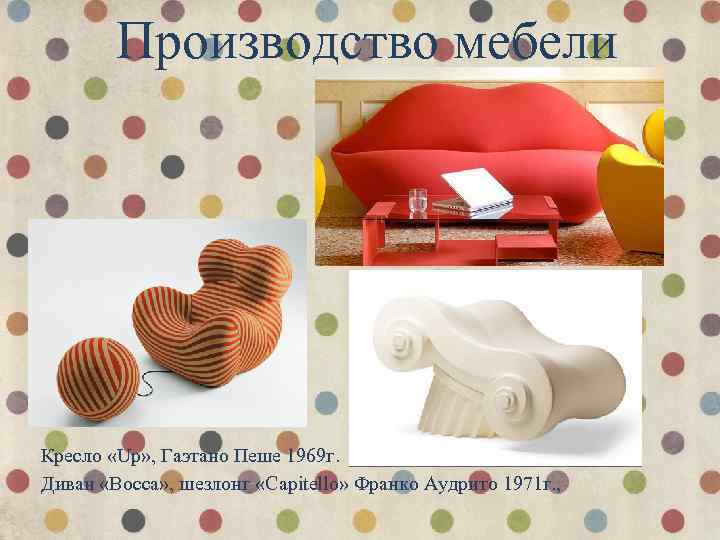 Производство мебели Кресло «Up» , Гаэтано Пеше 1969 г. Диван «Bоcca» , шезлонг «Capitellо»