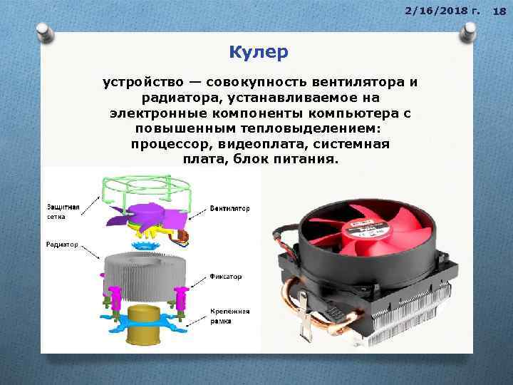 2/16/2018 г. Кулер устройство — совокупность вентилятора и радиатора, устанавливаемое на электронные компоненты компьютера