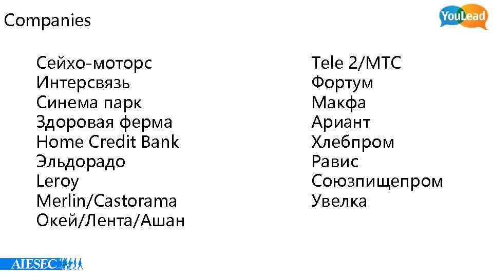 Companies Сейхо-моторс Интерсвязь Синема парк Здоровая ферма Home Credit Bank Эльдорадо Leroy Merlin/Castorama Окей/Лента/Ашан