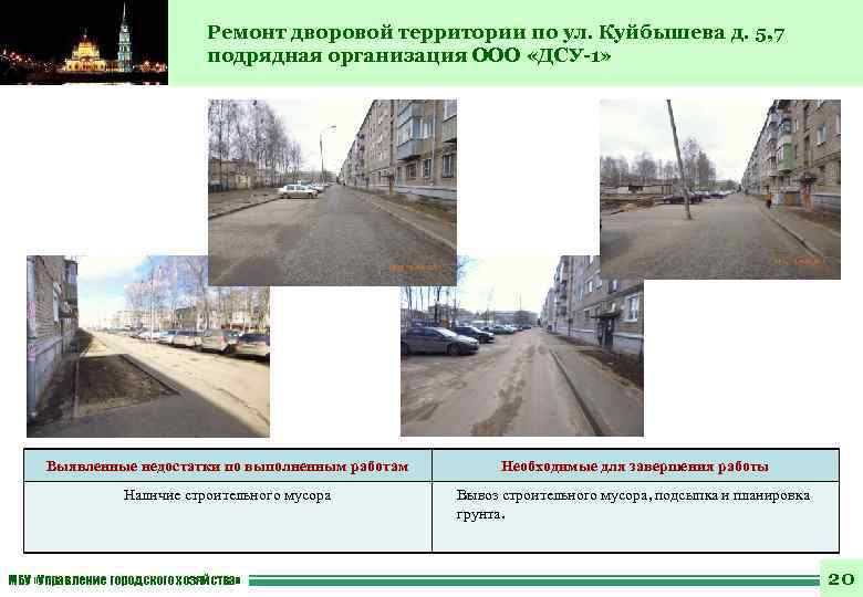 Ремонт дворовой территории по ул. Куйбышева д. 5, 7 подрядная организация ООО «ДСУ-1» Выявленные