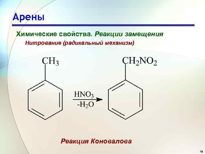 Арены Химические свойства. Реакции замещения Нитрование (радикальный механизм) Реакция Коновалова 19 