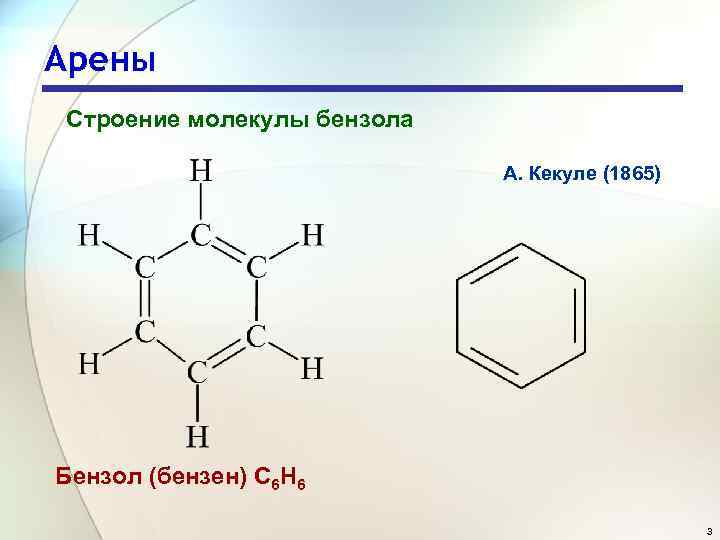 Арены Строение молекулы бензола А. Кекуле (1865) Бензол (бензен) С 6 Н 6 3