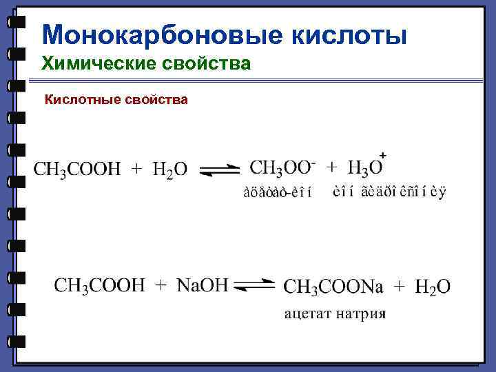 Монокарбоновые кислоты Химические свойства Кислотные свойства 