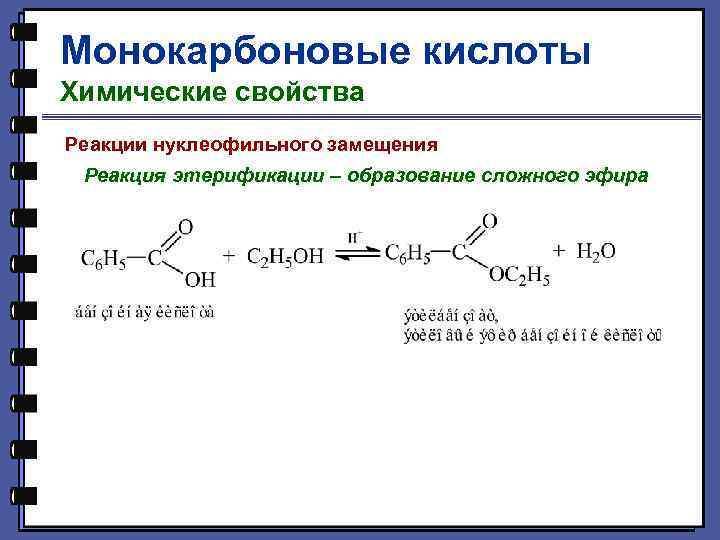 Монокарбоновые кислоты Химические свойства Реакции нуклеофильного замещения Реакция этерификации – образование сложного эфира 