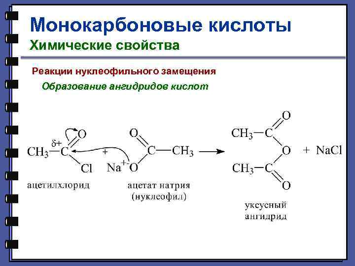 Монокарбоновые кислоты Химические свойства Реакции нуклеофильного замещения Образование ангидридов кислот 