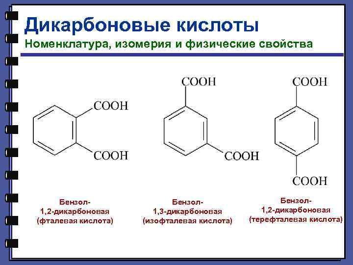 Дикарбоновые кислоты Номенклатура, изомерия и физические свойства Бензол 1, 2 -дикарбоновая (фталевая кислота) Бензол