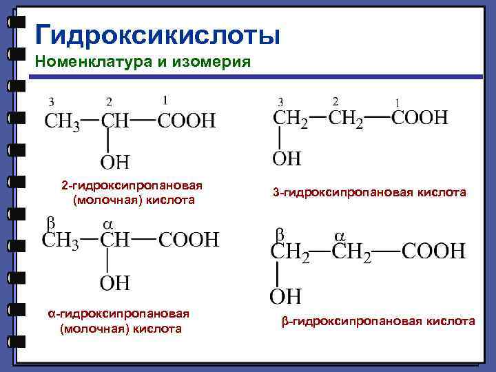 Гидроксикислоты Номенклатура и изомерия 2 -гидроксипропановая (молочная) кислота α-гидроксипропановая (молочная) кислота 3 -гидроксипропановая кислота