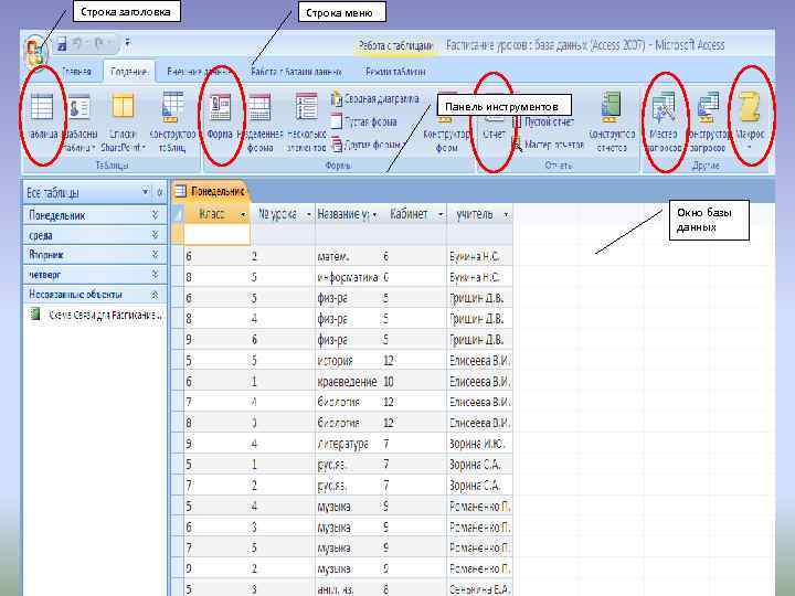 Строка заголовка Строка меню Панель инструментов Окно базы данных 12. 02. 2018 