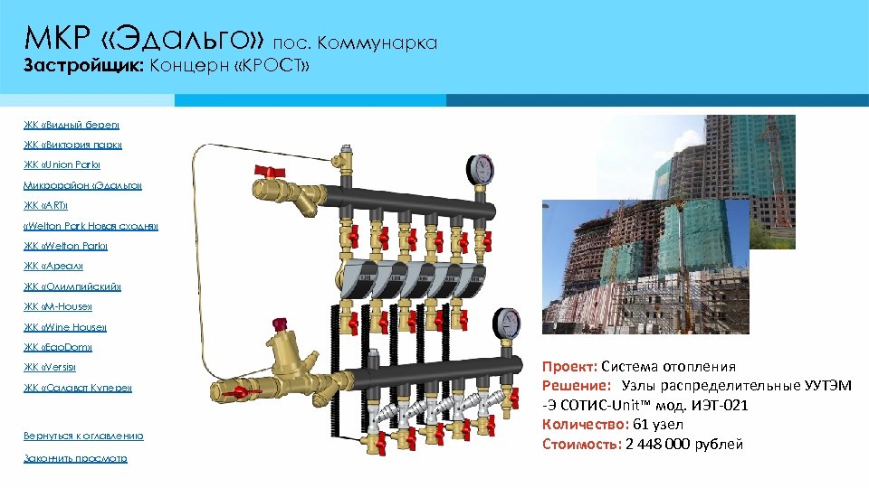 МКР «Эдальго» пос. Коммунарка Застройщик: Концерн «КРОСТ» ЖК «Видный берег» ЖК «Виктория парк» ЖК
