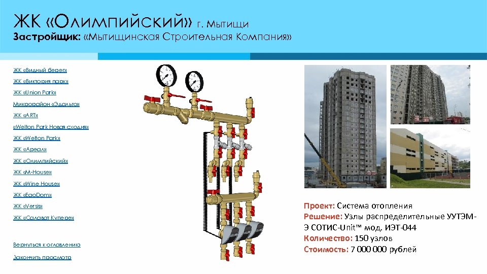 ЖК «Олимпийский» г. Мытищи Застройщик: «Мытищинская Строительная Компания» ЖК «Видный берег» ЖК «Виктория парк»