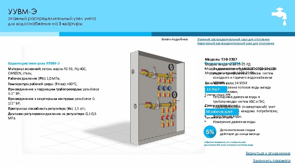 УУВМ-Э этажный распределительный узел учета для водоснабжения на 3 квартиры Узнать подробнее: Характеристики узла