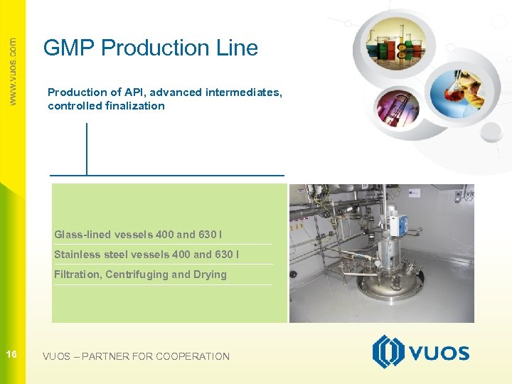 GMP Production Line Production of API, advanced intermediates, controlled finalization 16 Glass-lined vessels 400