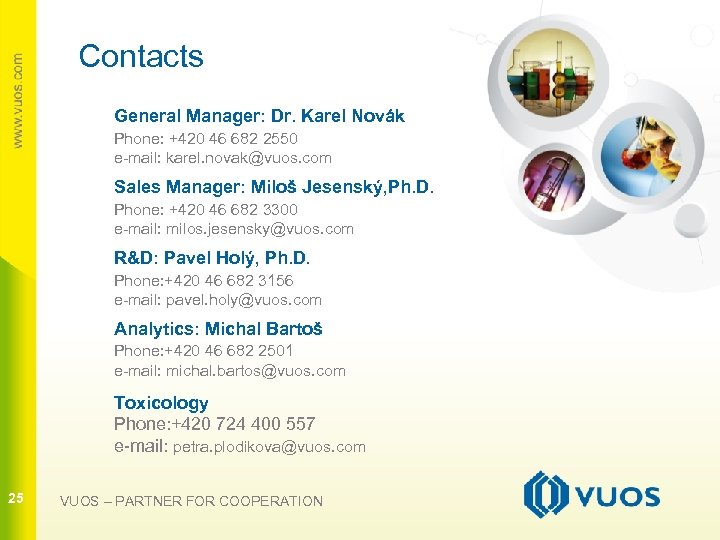 Contacts General Manager: Dr. Karel Novák Phone: +420 46 682 2550 e-mail: karel. novak@vuos.