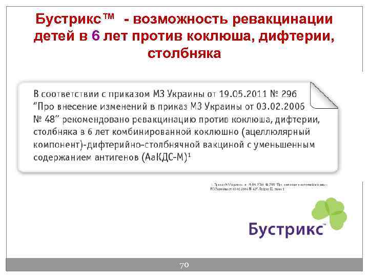 Бустрикс™ - возможность ревакцинации детей в 6 лет против коклюша, дифтерии, столбняка 70 