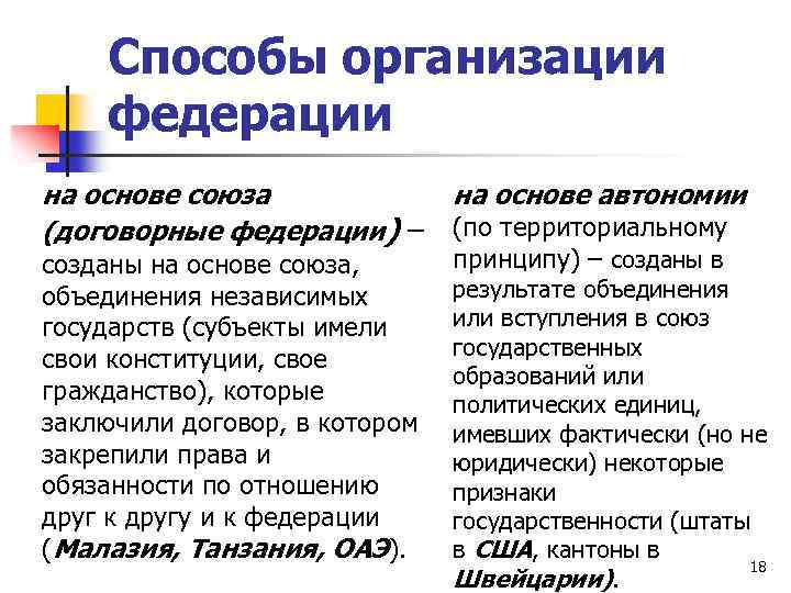Способы организации федерации на основе союза (договорные федерации) – созданы на основе союза, объединения