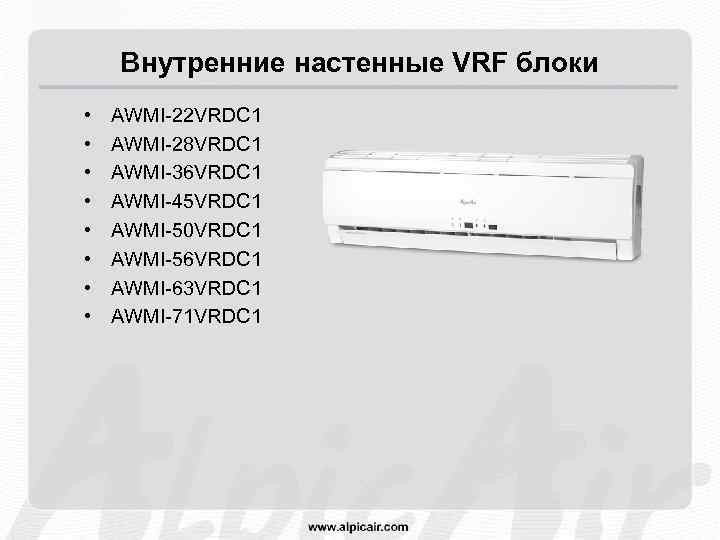 Внутренние настенные VRF блоки • • AWMI-22 VRDC 1 AWMI-28 VRDC 1 AWMI-36 VRDC