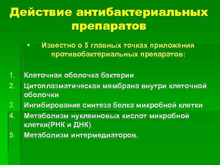 Действие антибактериальных препаратов § 1. 2. 3. 4. 5. Известно о 5 главных точках