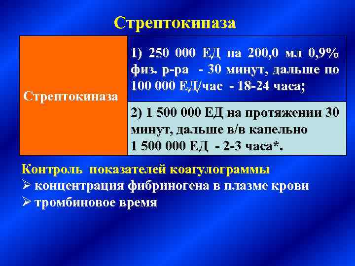 Стрептокиназа 1) 250 000 ЕД на 200, 0 мл 0, 9% физ. р-ра -
