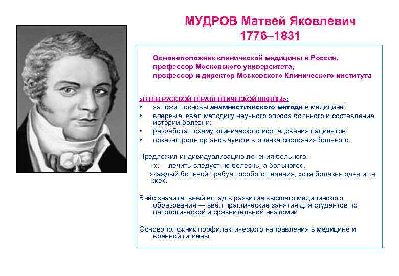 Мудров медицина. М.Я. Мудров - основоположник клинической медицины.. М.Я.Мудров (1776-1831).