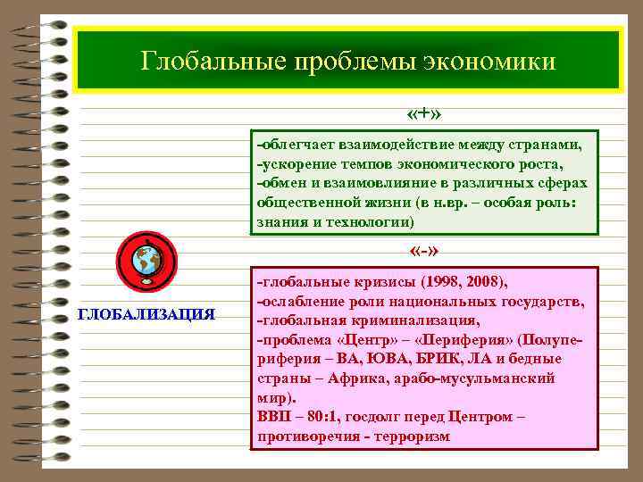 Глобальные проблемы экономики «+» -облегчает взаимодействие между странами, -ускорение темпов экономического роста, -обмен и