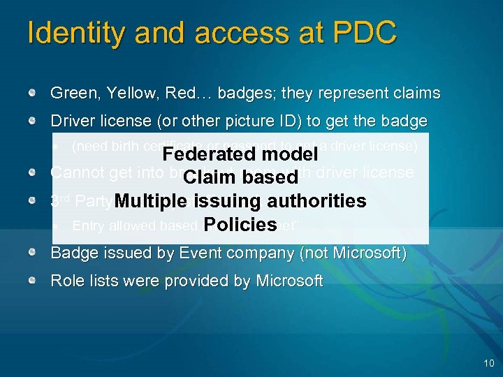 Identity and access at PDC Green, Yellow, Red… badges; they represent claims Driver license