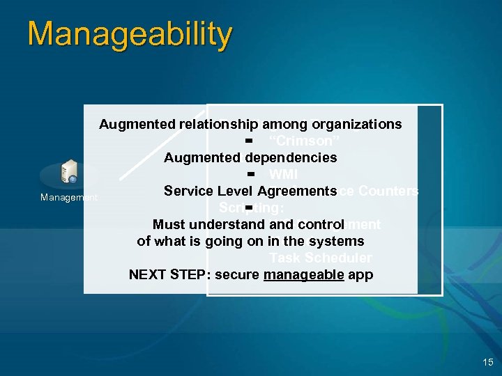 Manageability Eventing and organizations Augmented relationship among Tracing: = “Crimson” Instrumentation: Augmented dependencies =