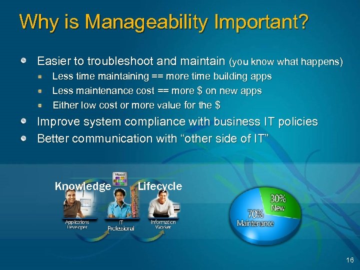 Why is Manageability Important? Easier to troubleshoot and maintain (you know what happens) Less