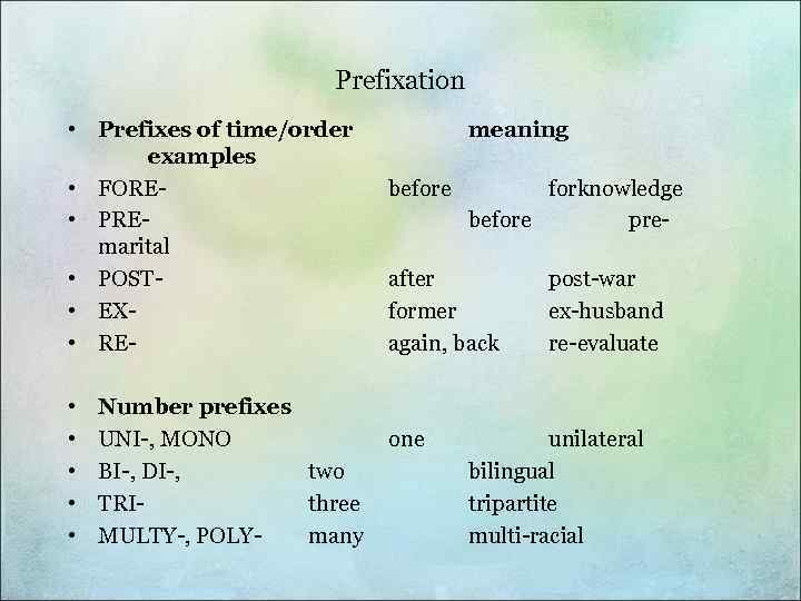 Prefixation • Prefixes of time/order examples • FORE • PREmarital • POST • EX