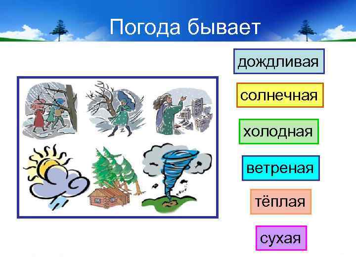 Погода бывает дождливая солнечная холодная ветреная тёплая сухая 