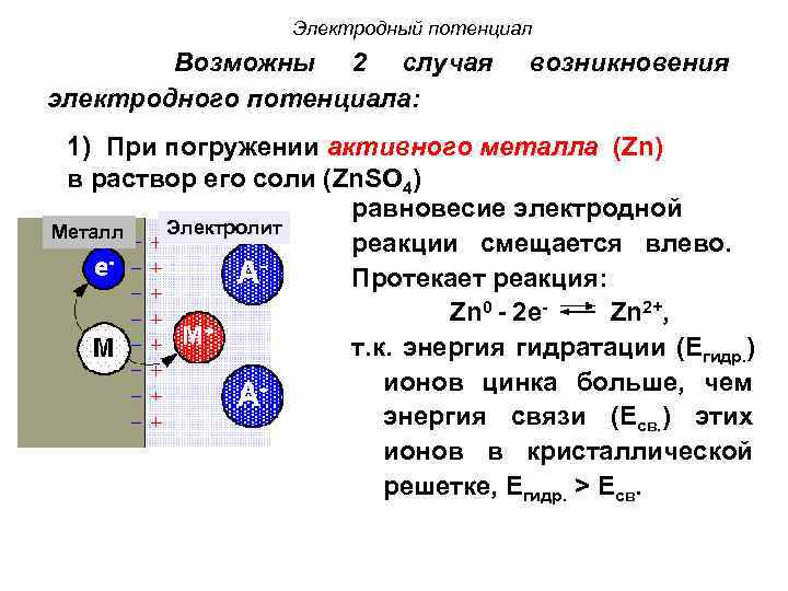 Электродный потенциал Возможны 2 случая электродного потенциала: возникновения 1) При погружении активного металла (Zn)