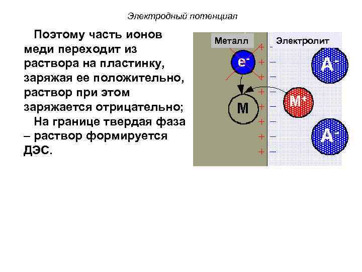 Электродный потенциал Поэтому часть ионов меди переходит из раствора на пластинку, заряжая ее положительно,