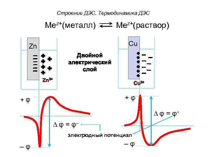 Строение ДЭС. Термодинамика ДЭС Mez+(металл) Mez+(раствор) Cu Zn Двойной электрический слой Zn 2+ Cu