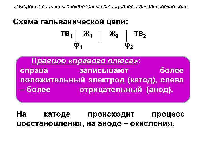 Измерение величины электродных потенциалов. Гальванические цепи Схема гальванической цепи: тв 1 ж 2 тв