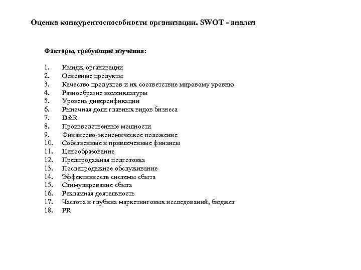 Оценка конкурентоспособности организации. SWOT - анализ Факторы, требующие изучения: 1. 2. 3. 4. 5.