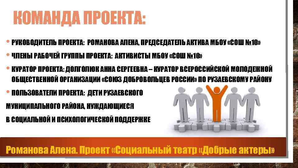 КОМАНДА ПРОЕКТА: • РУКОВОДИТЕЛЬ ПРОЕКТА: РОМАНОВА АЛЕНА, ПРЕДСЕДАТЕЛЬ АКТИВА МБОУ «СОШ № 10» •