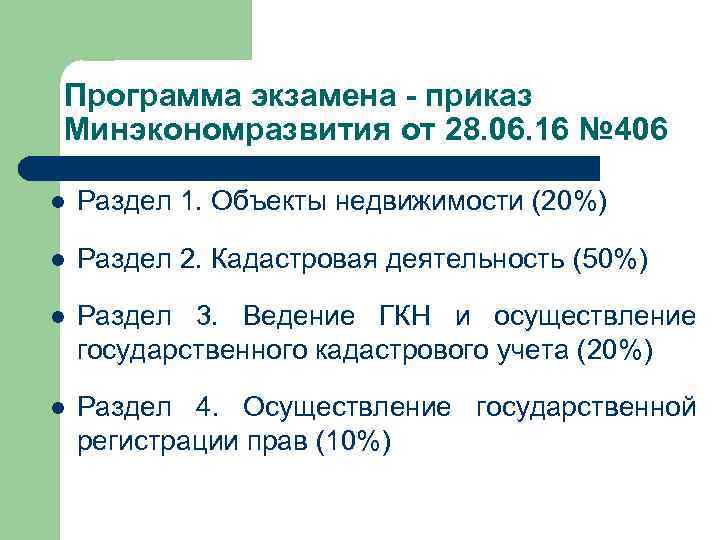 Программа экзамена - приказ Минэкономразвития от 28. 06. 16 № 406 l Раздел 1.