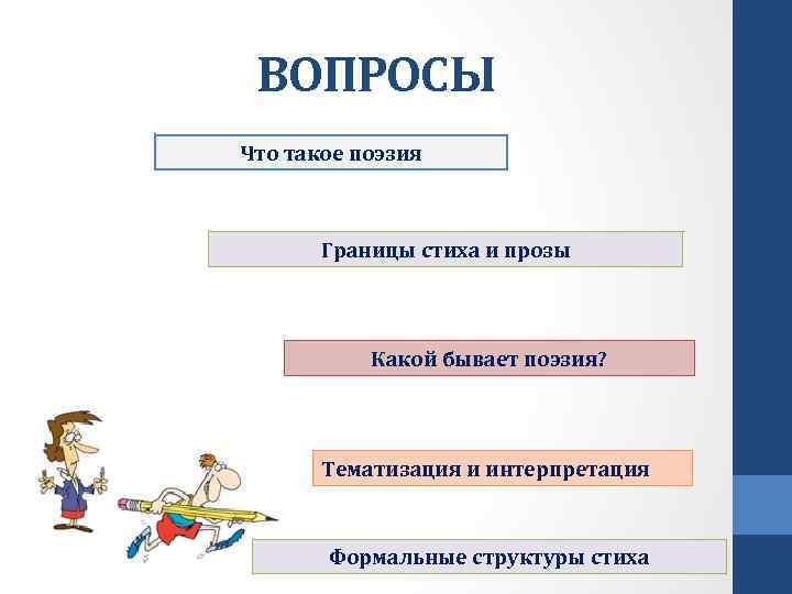 ВОПРОСЫ Что такое поэзия Границы стиха и прозы Какой бывает поэзия? Тематизация и интерпретация