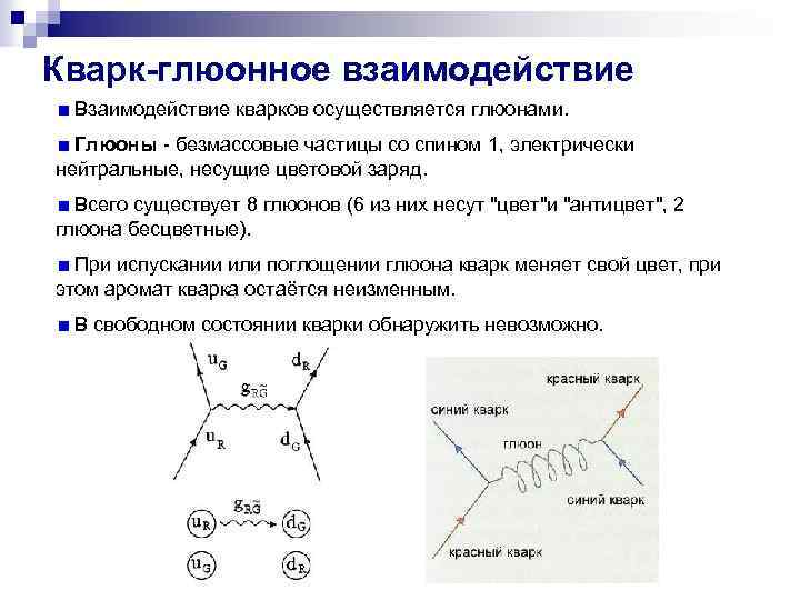 Кварк-глюонное взаимодействие Взаимодействие кварков осуществляется глюонами. Глюоны - безмассовые частицы со спином 1, электрически