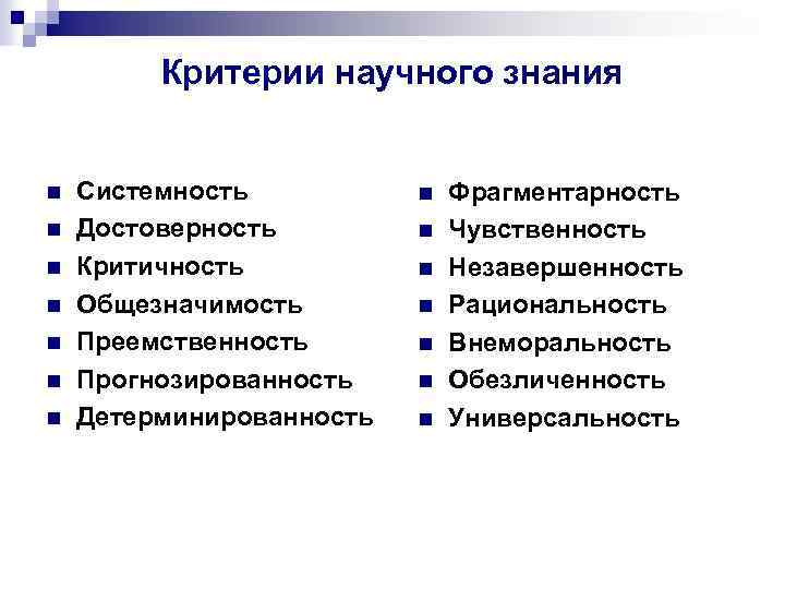 Критерии научного знания n n n n Системность Достоверность Критичность Общезначимость Преемственность Прогнозированность Детерминированность