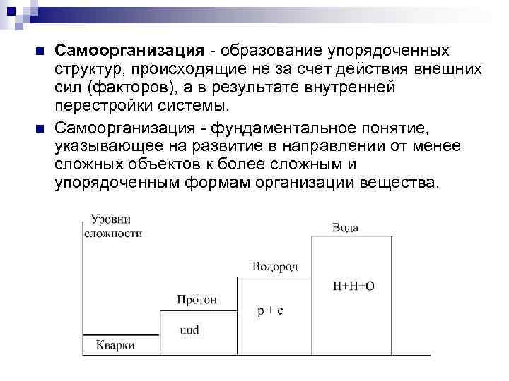 n n Самоорганизация - образование упорядоченных структур, происходящие не за счет действия внешних сил