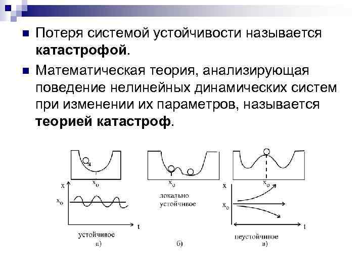 n n Потеря системой устойчивости называется катастрофой. Математическая теория, анализирующая поведение нелинейных динамических систем