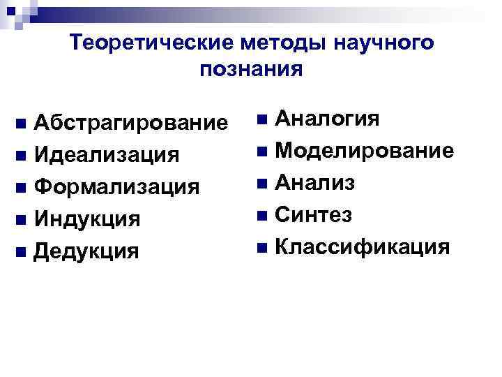 Теоретические методы научного познания Абстрагирование n Идеализация n Формализация n Индукция n Дедукция n